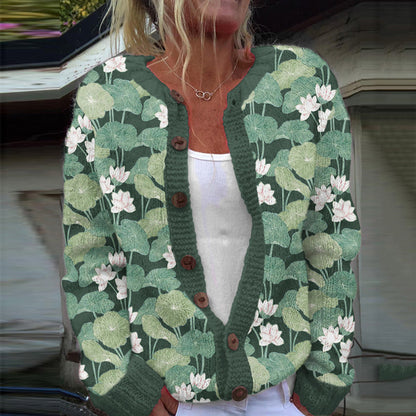 Vintage Water Lily Art Knitted Jacquard Sweater artswardrobe