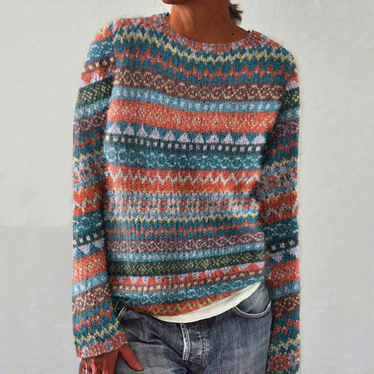 Vintage Geometric Contrast Print Crew Neck Sweater elevenforest