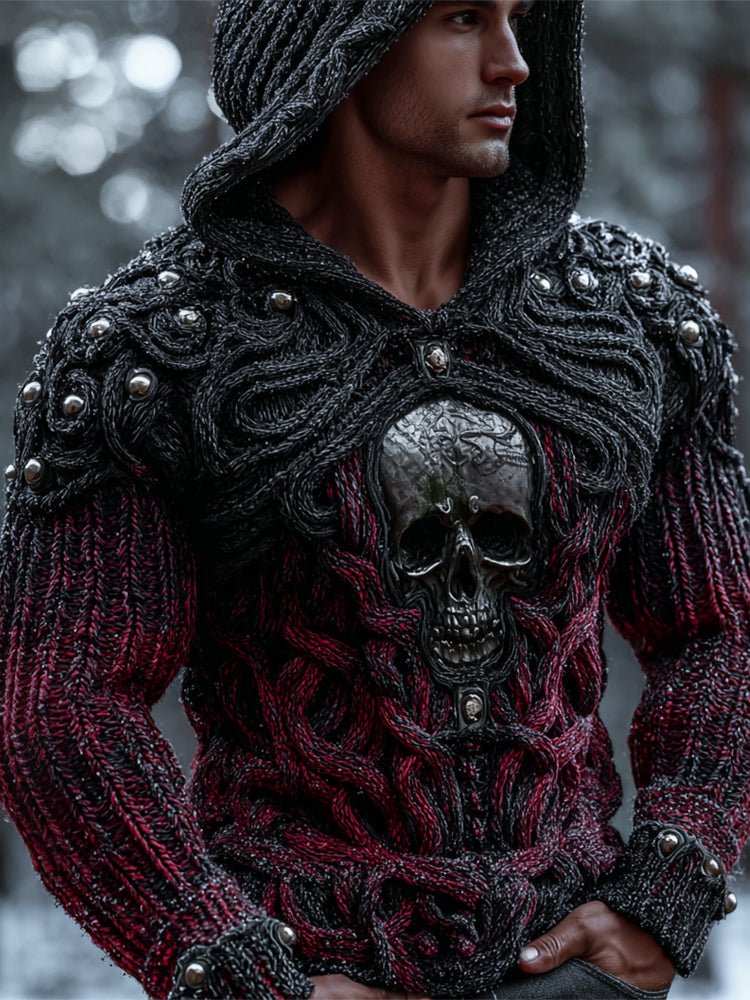Rock And Roll Studded Metal Skull Art Men's Chunky Knit Hooded Sweater elevenforest