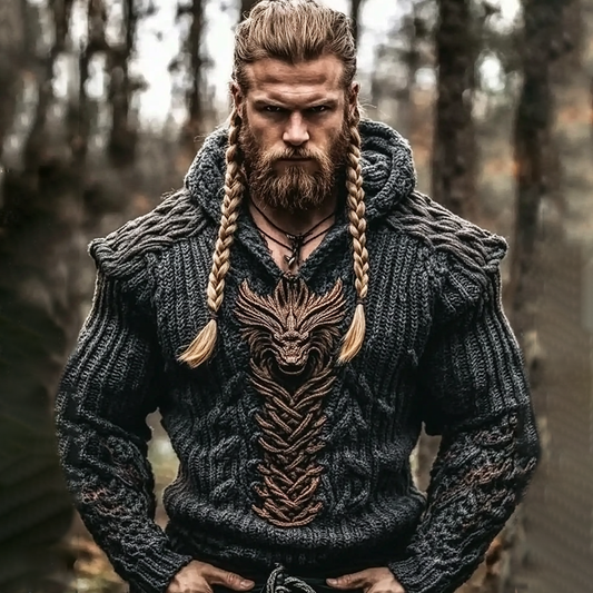 Men's Vintage Black Dragon Viking Celtic Chunky Hooded Sweater artswardrobe