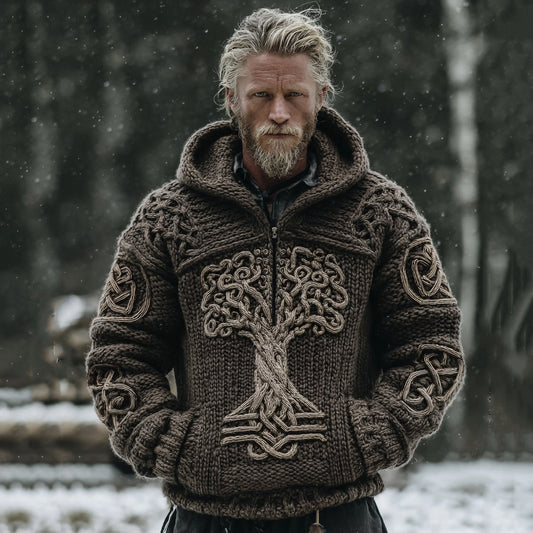 Men's Vintage Celtic Tree Of Life Jacquard Half Zip Aran Sweater artswardrobe