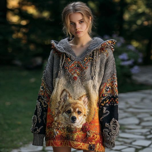 Women's Vintage Dog Embroidered Hooded Sweater elevenforest