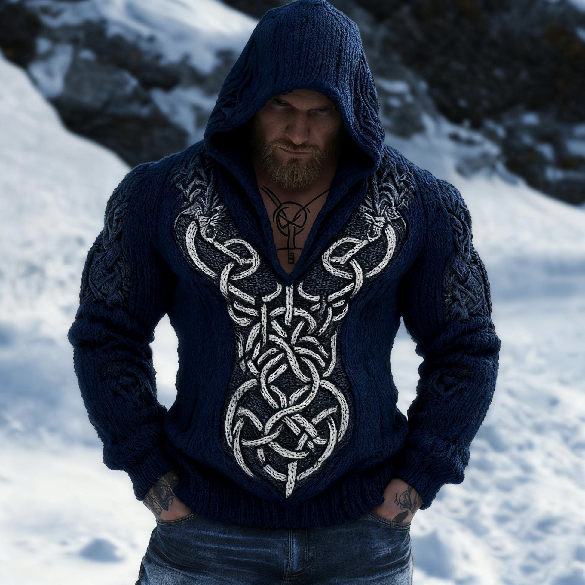 Retro Viking Celtic Jacquard Chunky Hooded Sweater elevenforest