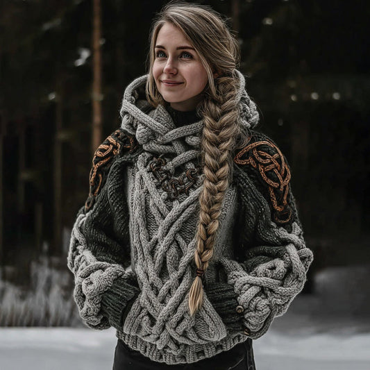 Women's Vintage Celtic Knot Art Knit Color Block Cozy Hooded Sweater elevenforest