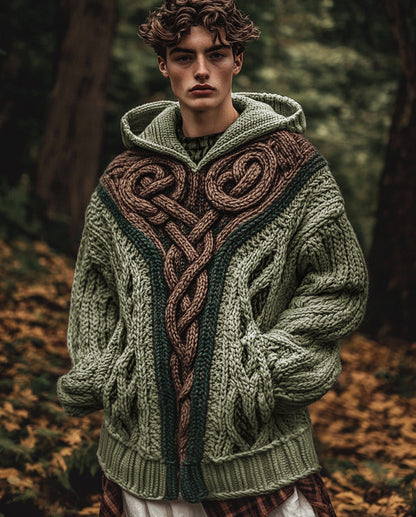Men's Vintage Irish Celtic Knot Jacquard Mottled Hooded Sweater artswardrobe