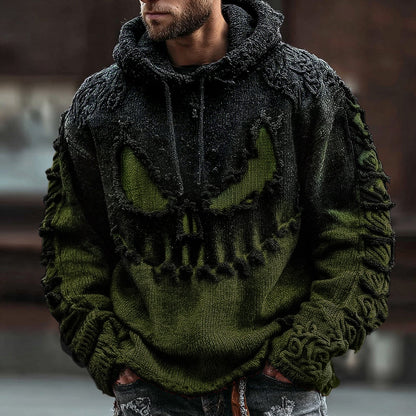 Men's Halloween Spooky Face Gradient Inspired Knitted Distressed Hooded Sweater elevenforest
