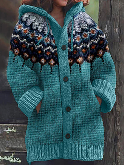Retro Geometric Knitted Button Down Cozy Hoodie Sweater elevenforest