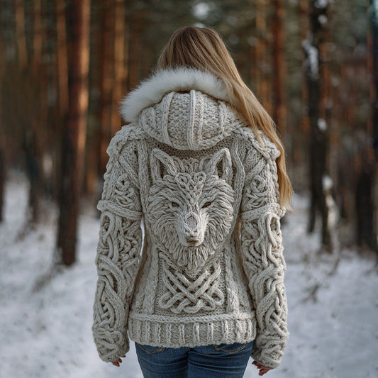 Comstylish Women's Viking Wolf Celtic Knot Art Cozy Fur Collar Knit Hooded Sweater Jacket