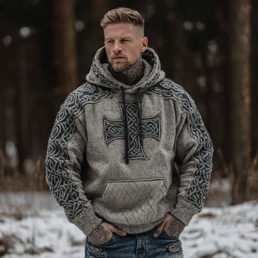 Men'a Vintage Celtic Cross Jacquard Cozy Hooded Sweater artswardrobe