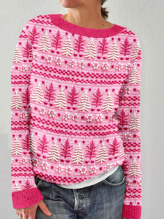 Pink Christmas Tree Embroidery Cozy Knit Sweater artswardrobe