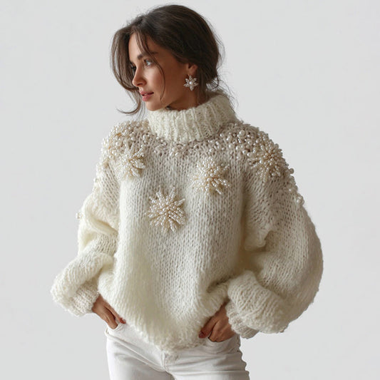 Comstylish Women's White Christmas Decorations Snoeflake Art High Neck Sweater