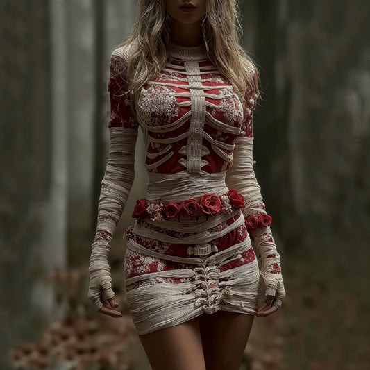 Comstylish Women's Vintage Red Rose Skeleton Art Knit Mini Sweater Dress