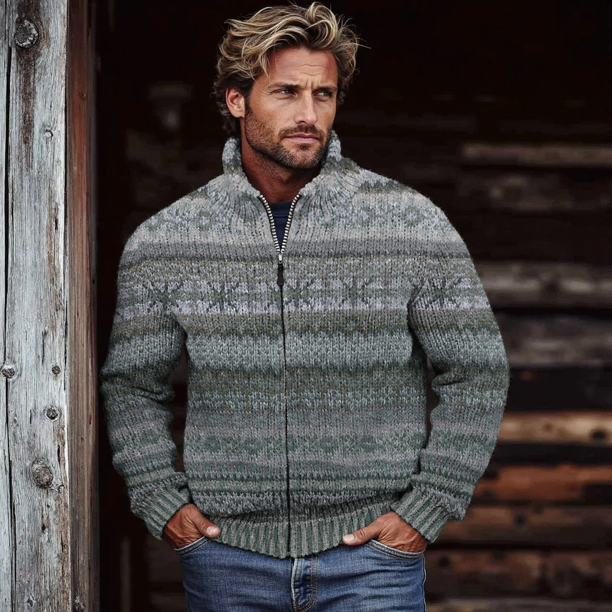 Men's Vintage Fairman Island Knit Jacquard Zip Sweater artswardrobe