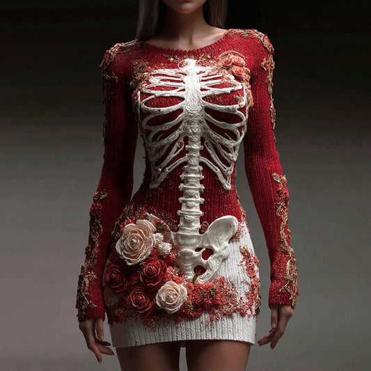 Comstylish Vintage Skeleton Roses Art Crew Neck Sweater Dress