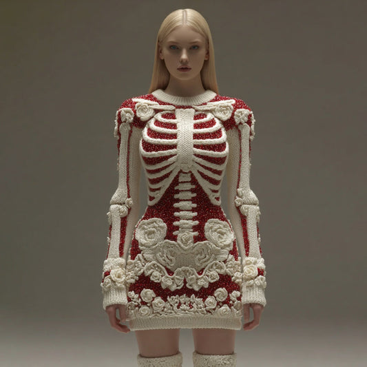 Women's Vintage Halloween Skeleton Bones Rose Art Cozy Knit Mini Sweater Dress artswardrobe