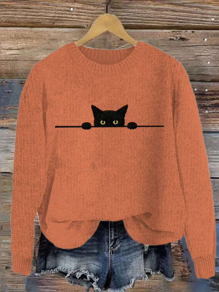 Women's Casual Funny Black Cat Print Sweater elevenforest