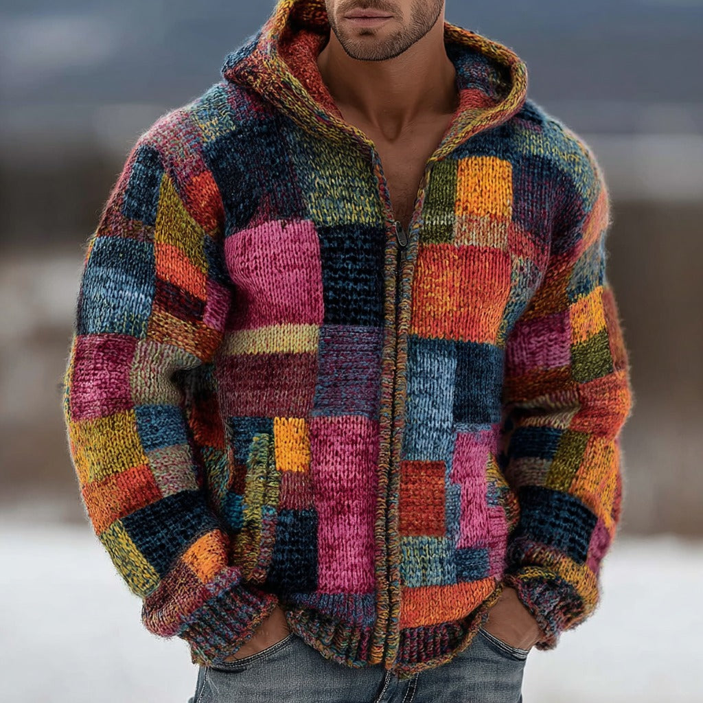 Men's Geometric Block Patchwork Contrast Color Knitted Zipper Hooded Sweater elevenforest