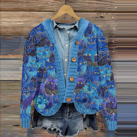 Women's Denim Ombre Cat Print Sweater elevenforest