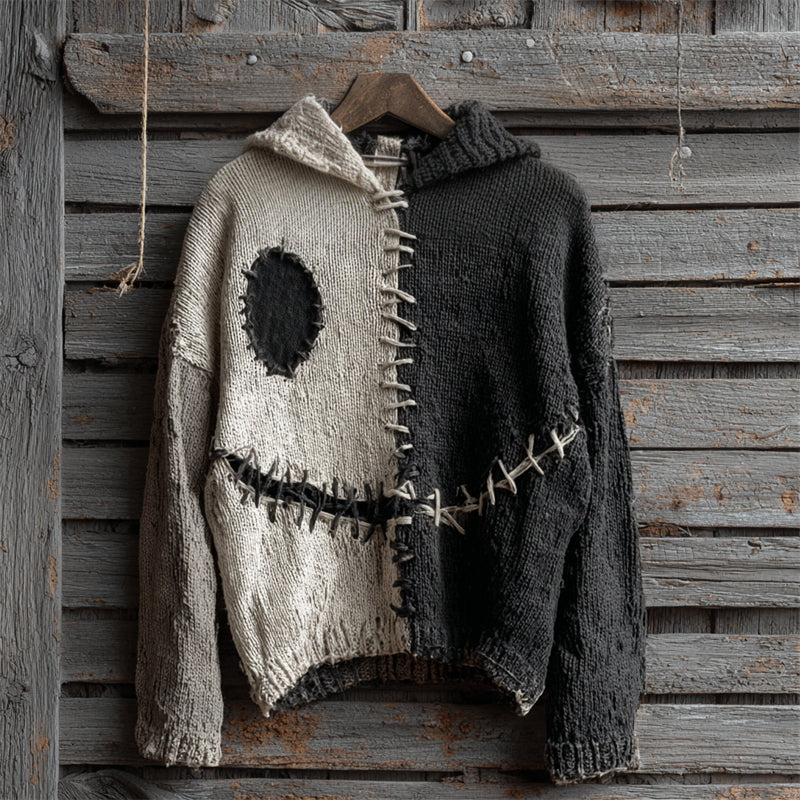 Halloween Spooky Face Contrast Stitched Hooded Cozy Knit Sweater elevenforest