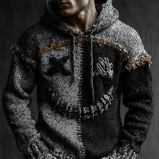 Men's Halloween Spooky Face Contrast Stitched Cozy Knit Hooded Sweater elevenforest