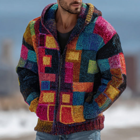 Men's Retro Geometric Knit Warm Hooded Zip-up Sweater elevenforest