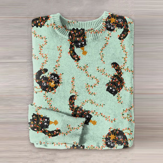 Women's Cat Print Crew Neck Cozy Sweater elevenforest