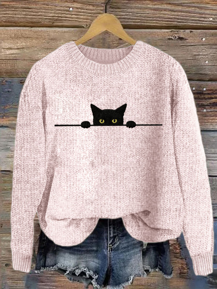 Women's Casual Funny Black Cat Print Sweater elevenforest