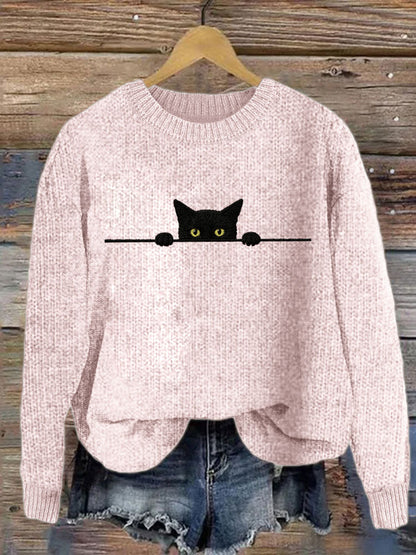 Women's Casual Funny Black Cat Print Sweater elevenforest