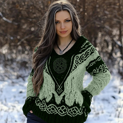 Women's Viking Rune Knit Jacquard V-neck Sweater artswardrobe