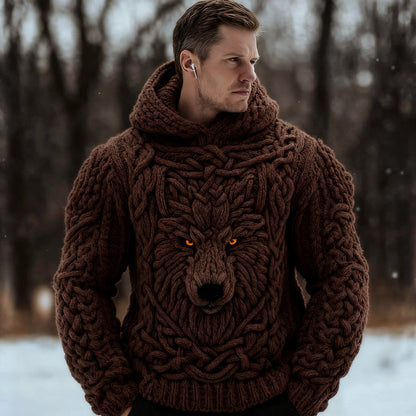 Men's Viking Celtic Wolf Knit Chunky Hooded Sweater artswardrobe