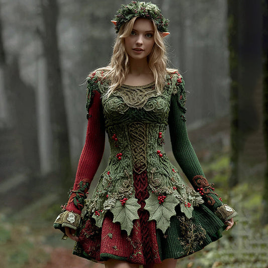 Women's Christmas Holly Leaf Berry Celtic Knot Midi Sweater Dress artswardrobe