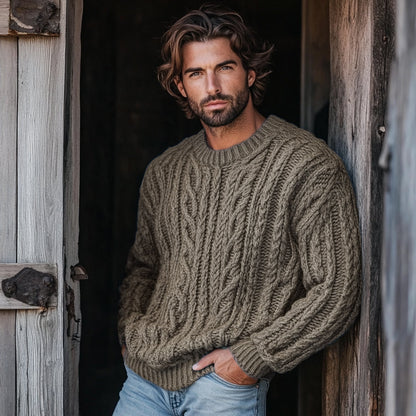 Men'S Burlap Jacquard Crew Neck Aran Sweater artswardrobe