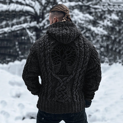 Men's Viking Tribal Tree Of Life Celtic Chunky Knit Hooded Sweater artswardrobe