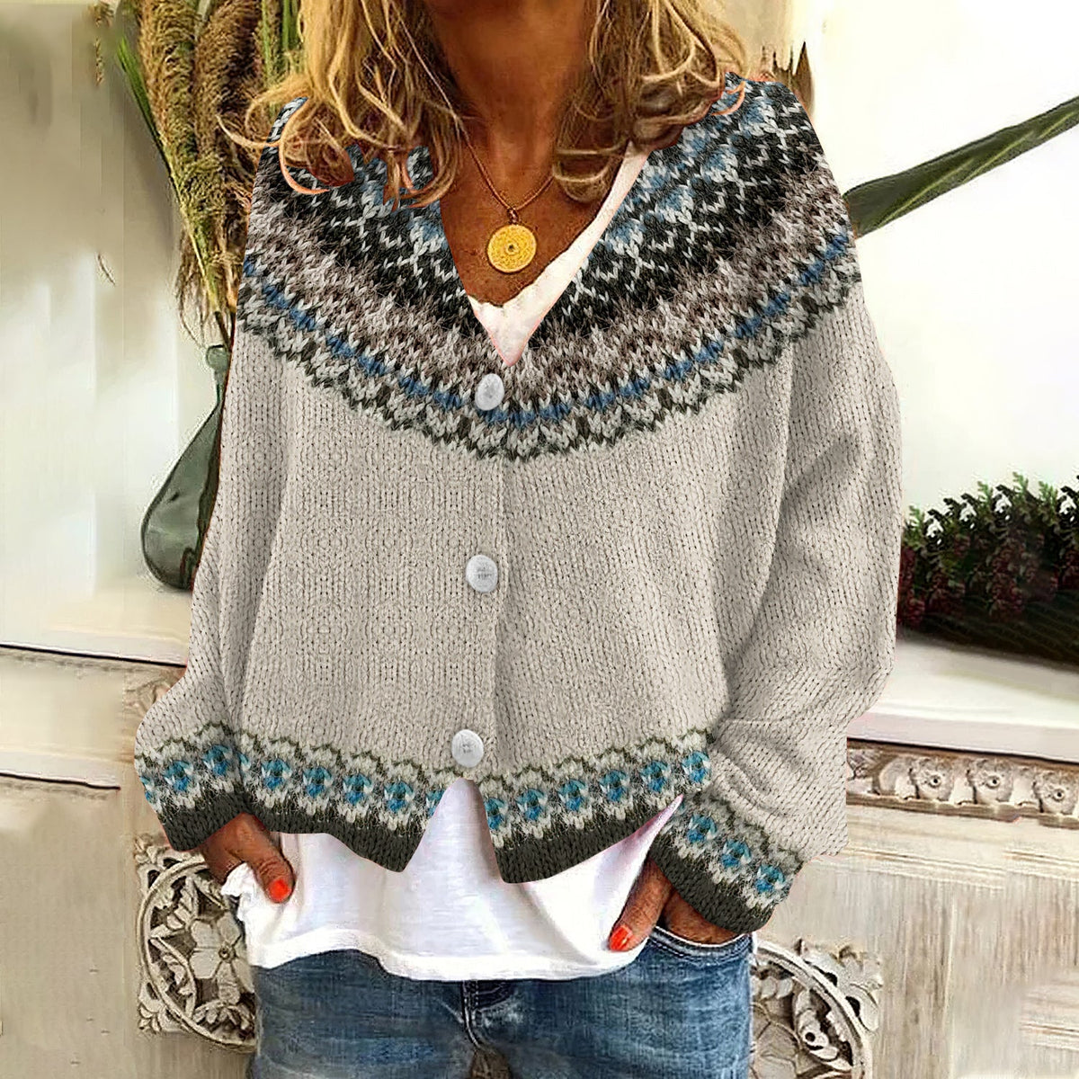 Vintage Contrast Jacquard V Neck Cozy Sweater elevenforest