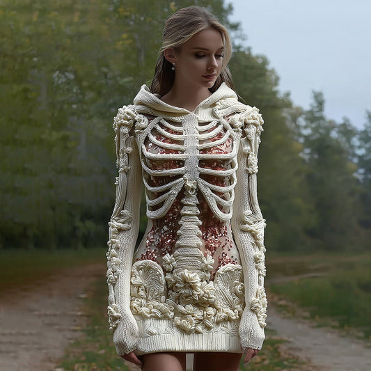 Women's Vintage Halloween Skeleton Bones With Glitter And Rose Art Cozy Knit Hooded Sweater Dress artswardrobe
