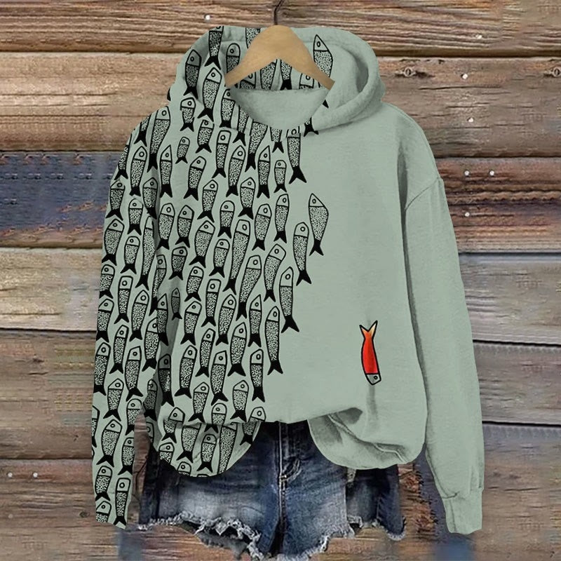Comstylish Abstract Geometric Fish Art Print Casual Long Sleeve Hoodie