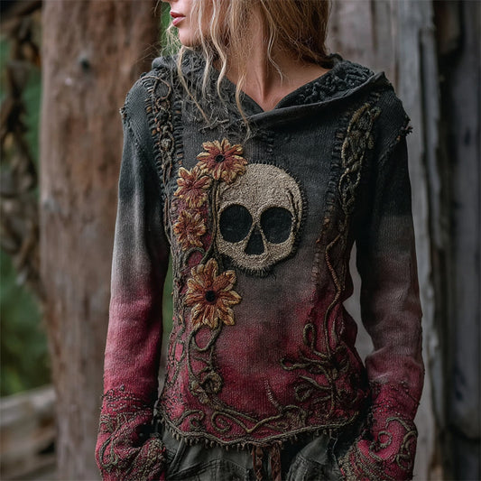 Comstylish Vintage Skull Floral Celtic Gradient Cozy Knit Hooded Sweater