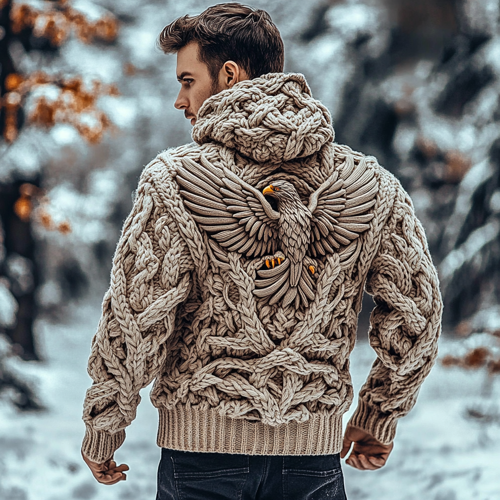 Men's Viking Tribal Eagle Celtic Chunky Knit Hooded Sweater artswardrobe