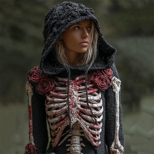 Comstylish Halloween Bloody Roses Skeleton Crochet Cozy Knit Hooded Sweater