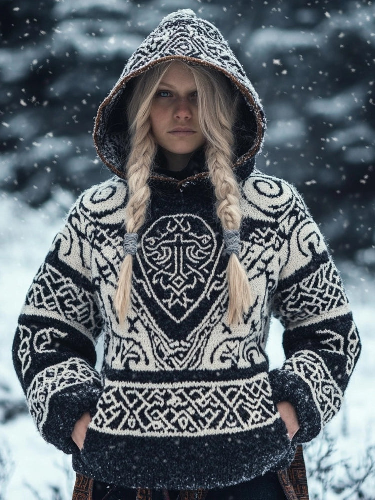 Viking Inspired Celtic Jacquard Chunky Hooded Sweater elevenforest
