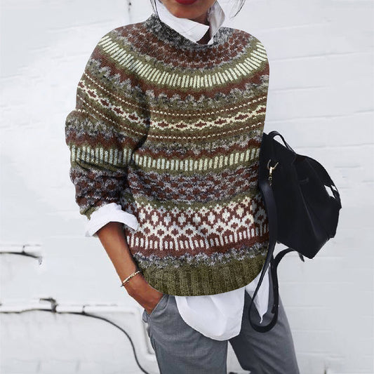 Vintage Wool Geometric Contrast Crew Neck Sweater elevenforest