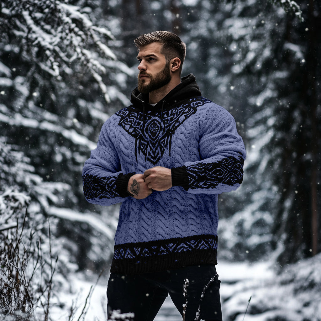 Men's Viking Tribal Jacquard Celtic Inspired Chunky Knit Hooded Sweater artswardrobe
