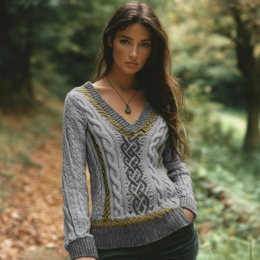 Vintage V-neck Knitted Two-tone Jacquard Irish Aran Sweater artswardrobe