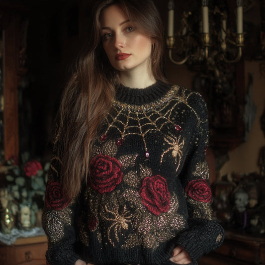 Comstylish Halloween Antique Spider And Red Rose Vintage Round Neck Sweater