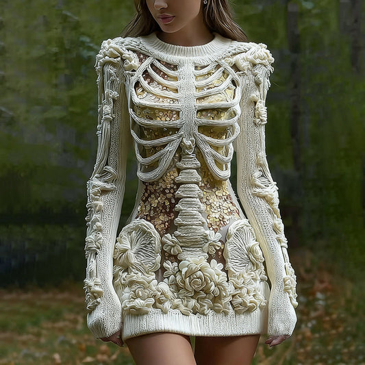 Comstylish Women's Vintage Halloween Skeleton Bones With Glitter And Rose Art Cozy Knit Mini Sweater Dress