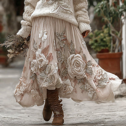 Vintage Rose In White Art Cozy Knit Turtleneck Sweater And Linen Skirt Two-piece Set artswardrobe