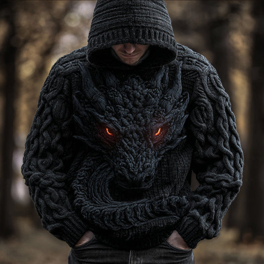 Men's Vintage Viking Dragon Style Celtic Thick Hooded Sweater elevenforest
