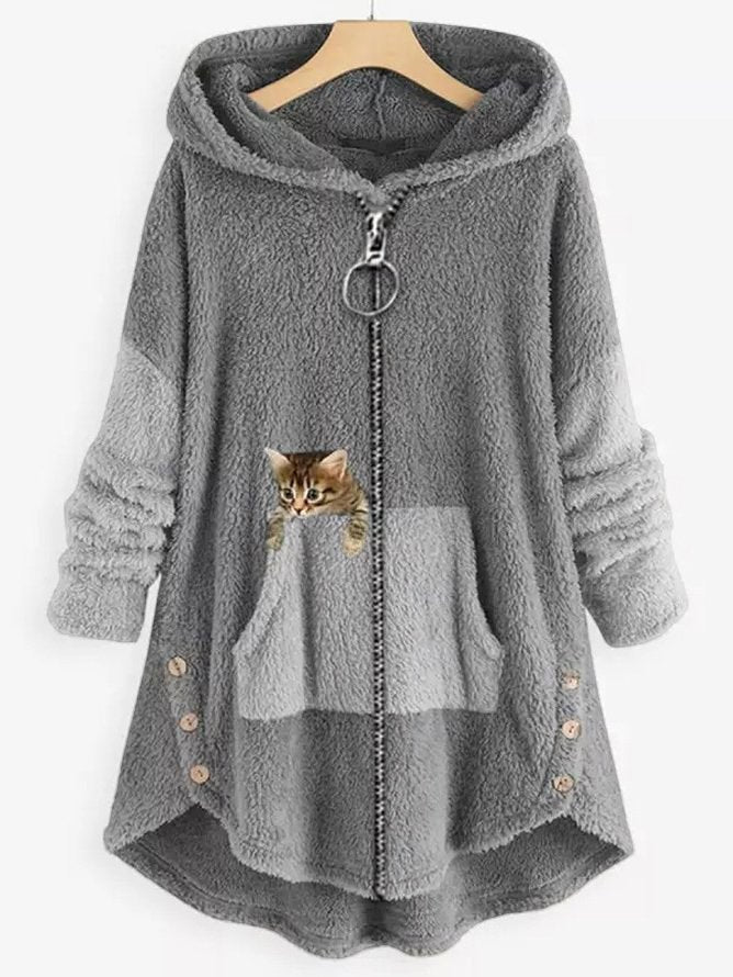 Fleece Hooded Coat with Colorblock Panels and Embroidered Kitten Pocket