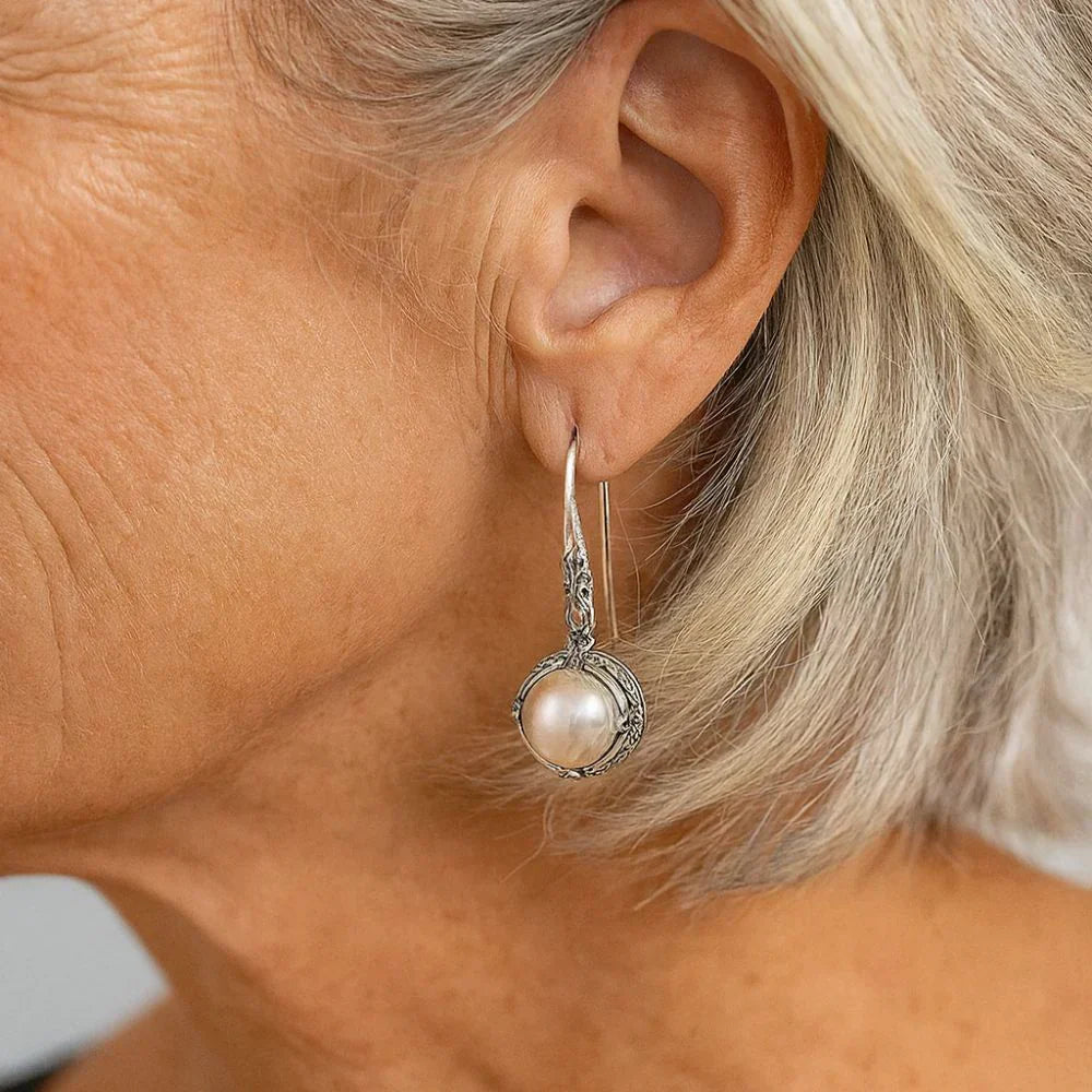 Inlaid Silver Pearl Earrings